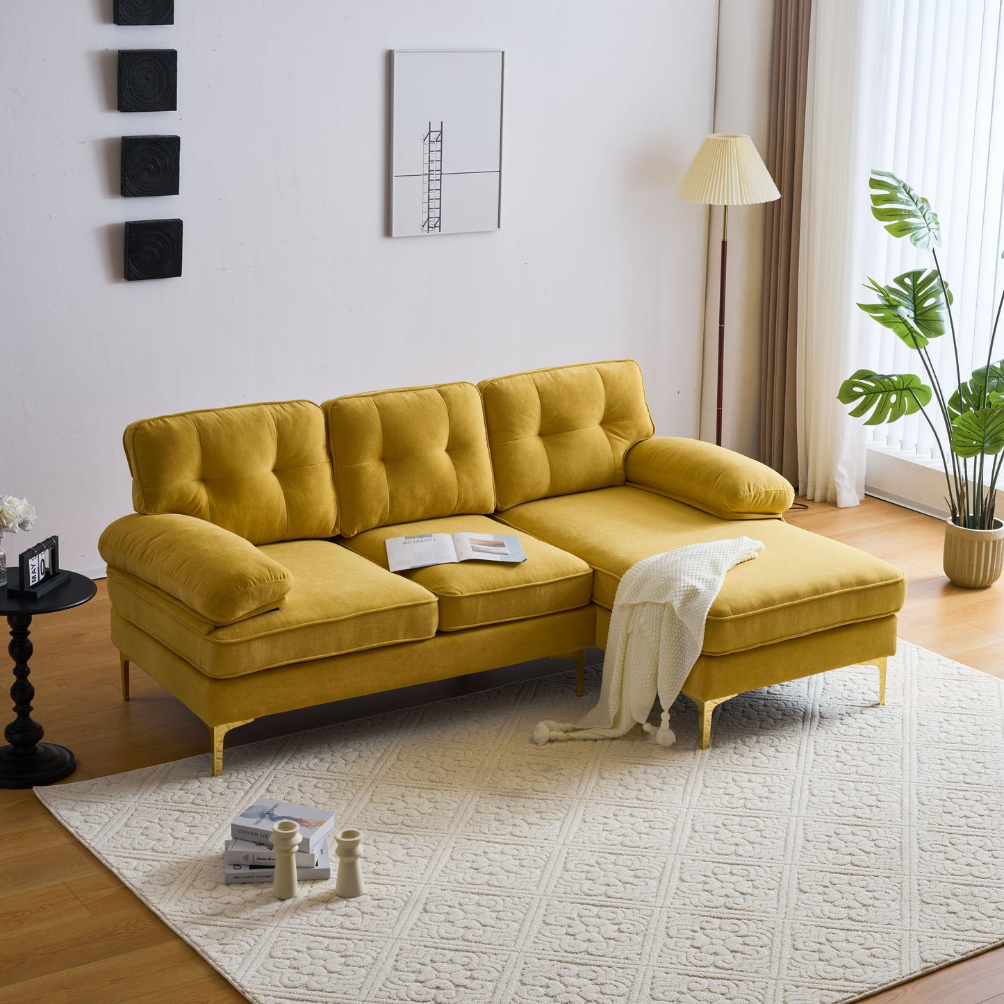 Modern Yellow Velvet L-Shaped Sectional Sofa for Living Room or Bedroom