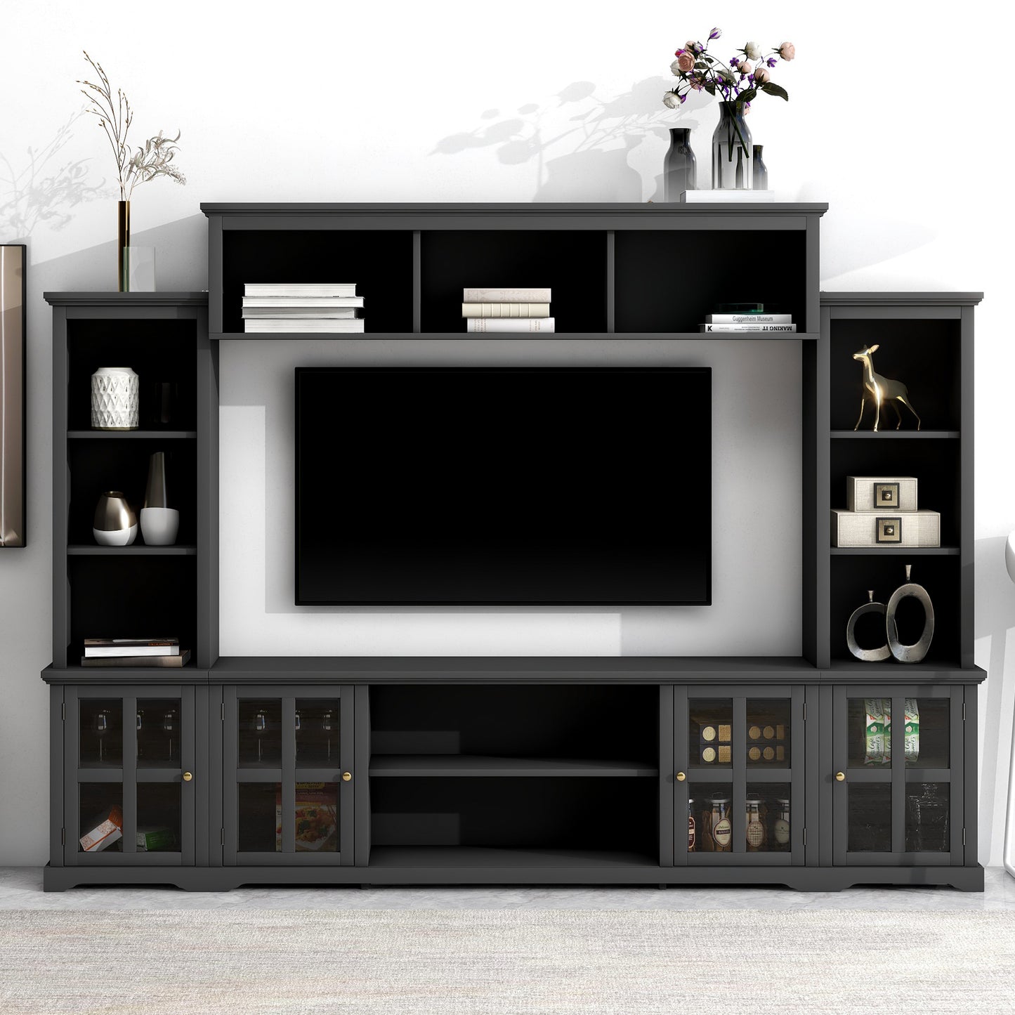 Sleek Entertainment Wall Unit with Bridge and Tempered Glass Door, Modern TV Console for TVs Up To 70