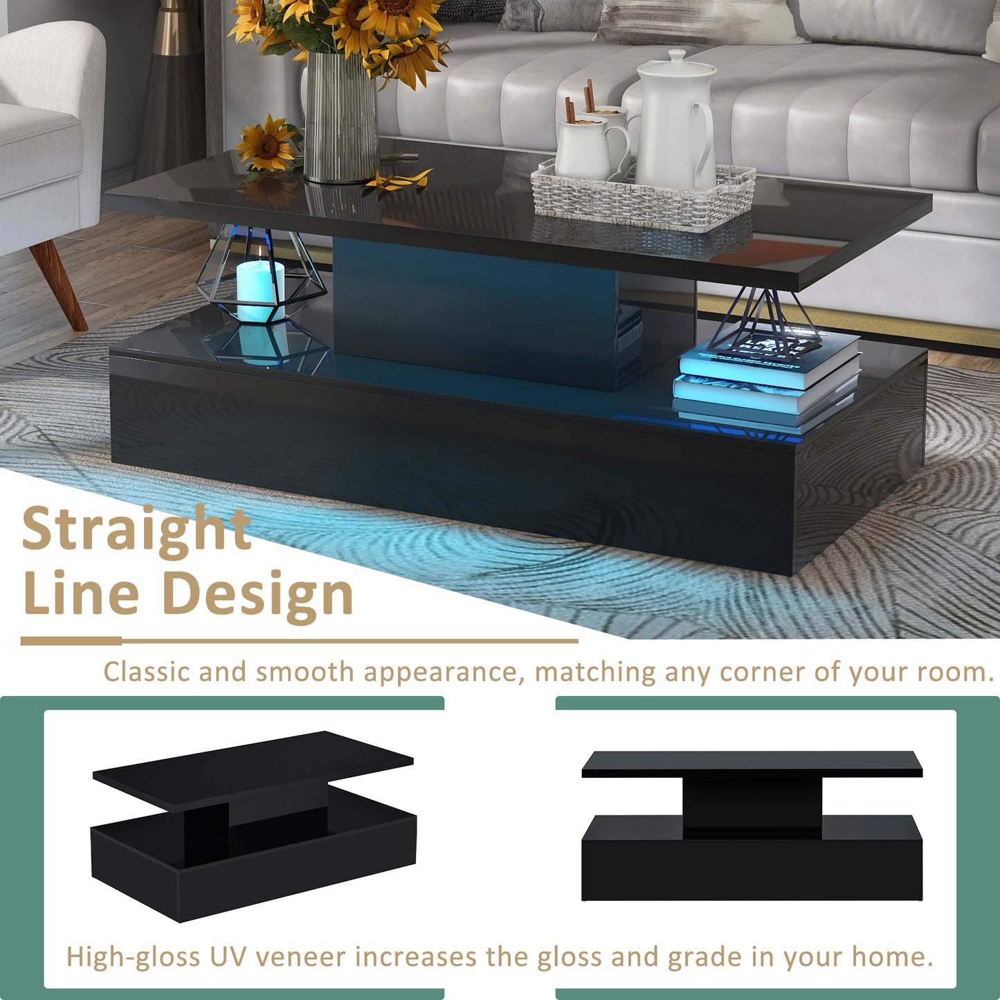 Modern LED Coffee Table with 16 Colors and Remote Control - Black