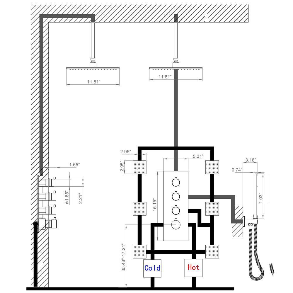 Luxury Thermostatic Mixer Shower System Rainfall with Set Shower Head and Hand shower Square Shower Head in Chrome Rough-in Valve