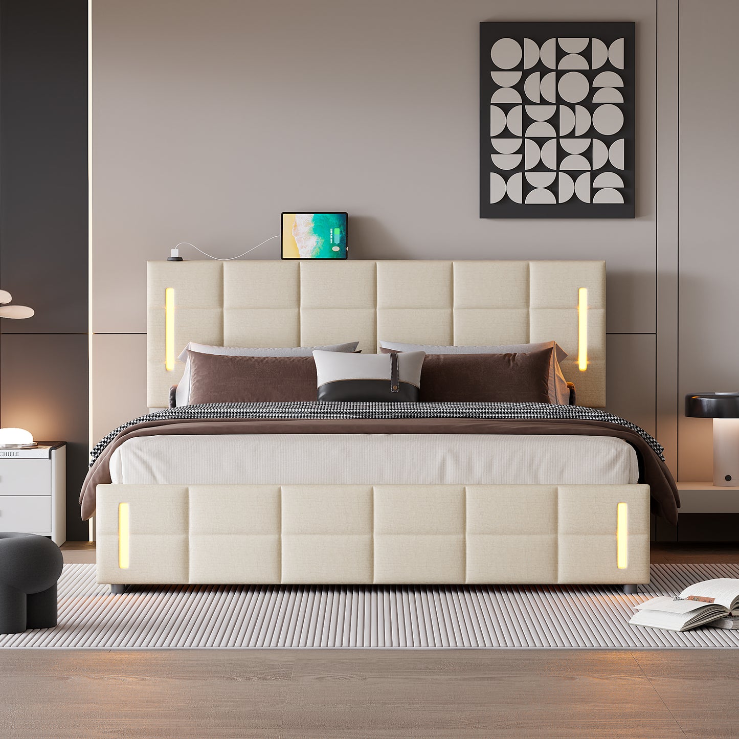 Queen Size Upholstered Bed with Hydraulic Storage System and LED Light, Beige