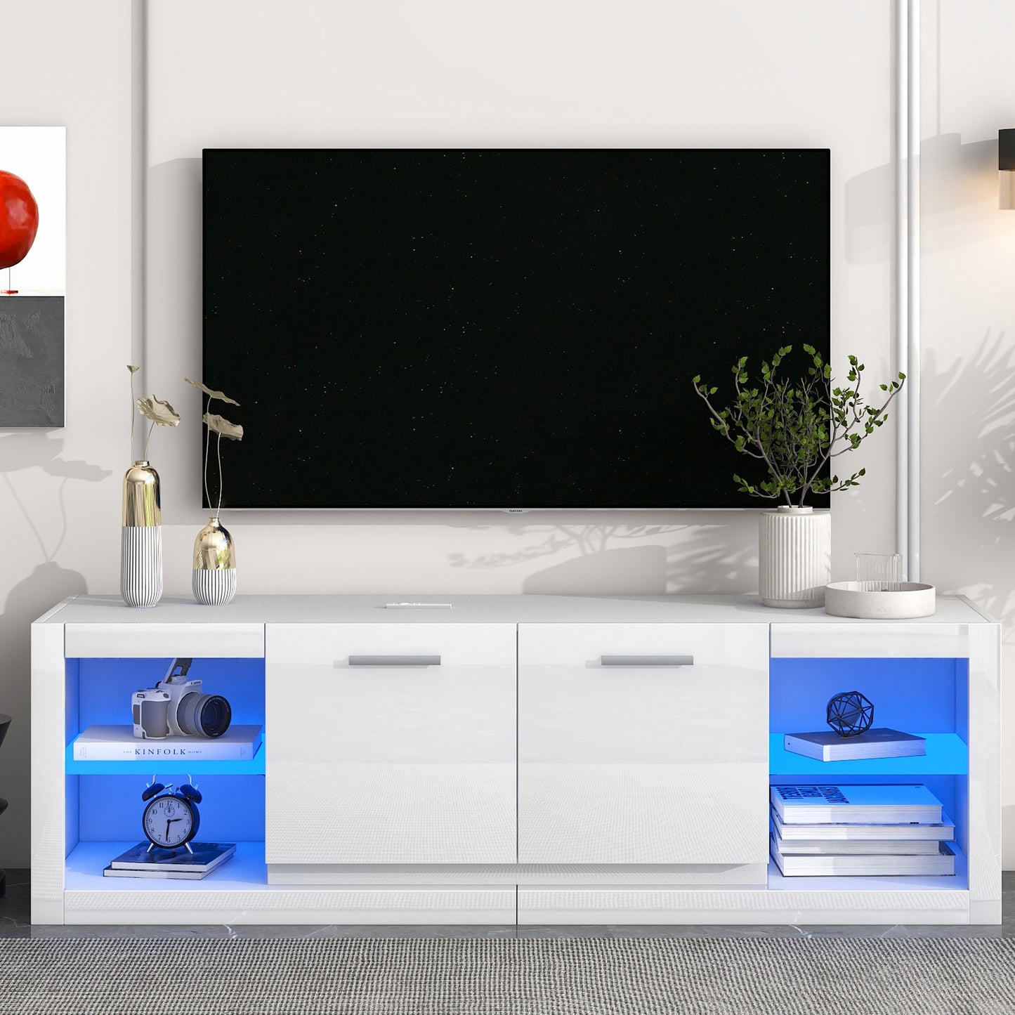 Glossy White TV Stand with LED Lights and Glass Shelves for TVs Up to 70'' - Stylish Entertainment Center