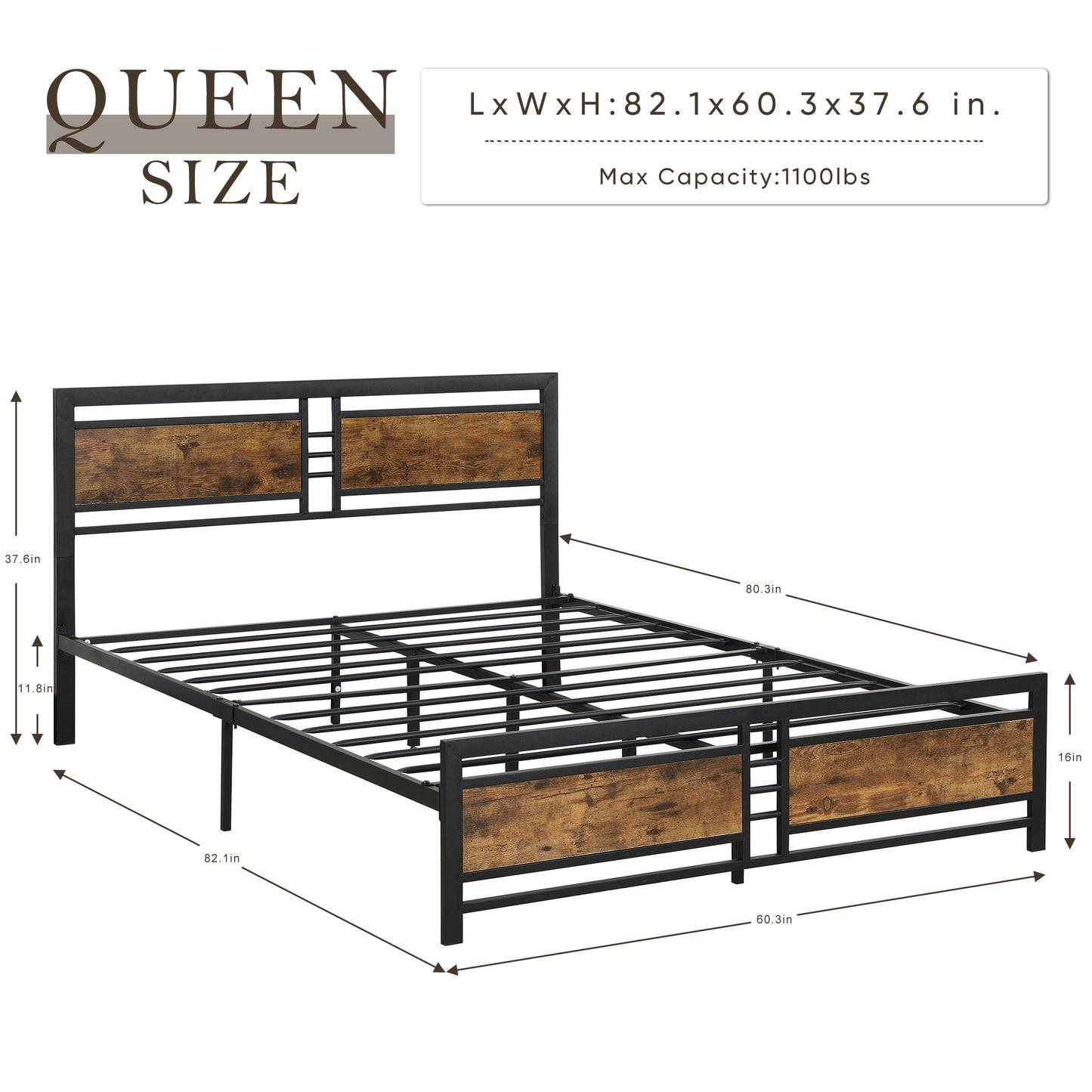 Queen Size Metal Platform Bed Frame with Wood Headboard and Footboard, Heavy Duty Mattress Foundation with Slat Support, Easy Assembly, Noise-Free, No Box Spring Needed