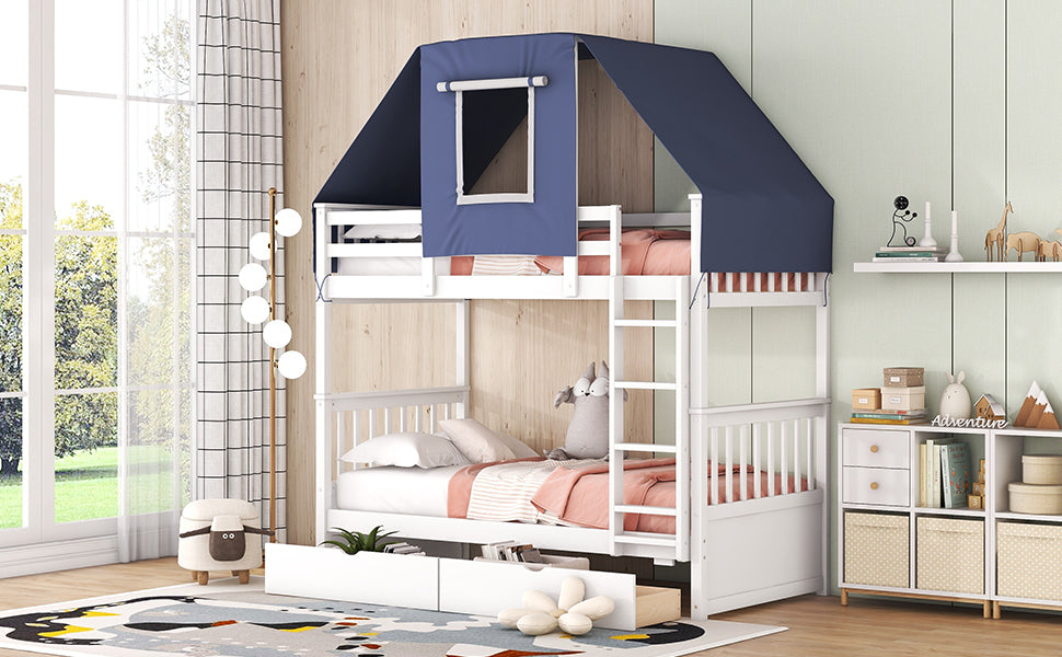 House-Shaped Twin Bunk Bed with Tent, Drawers, White & Blue