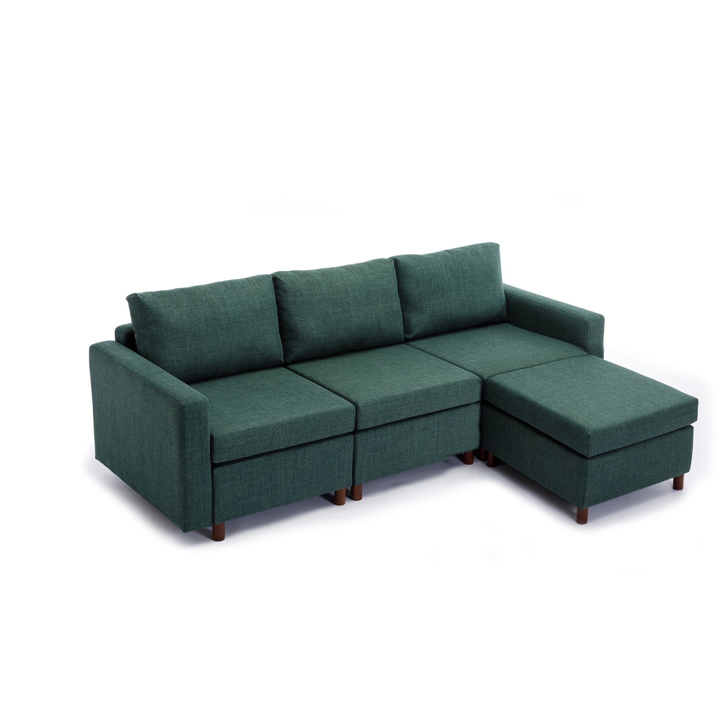 3-Seat Green Linen Sectional Sofa Set with Ottoman