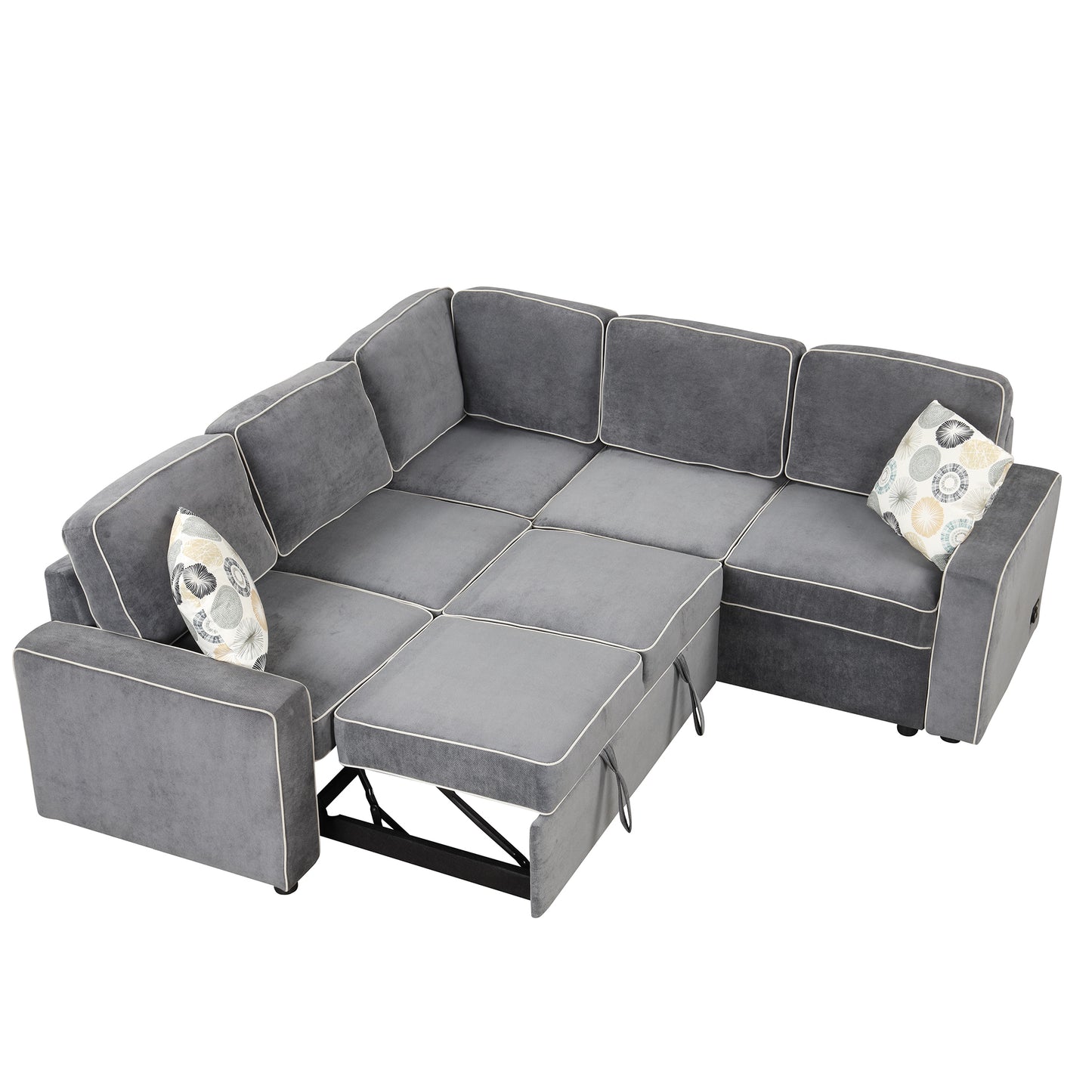 83 L-Shaped Convertible Sleeper Sofa with USB ports, Power Sockets, and Pillows, Gray