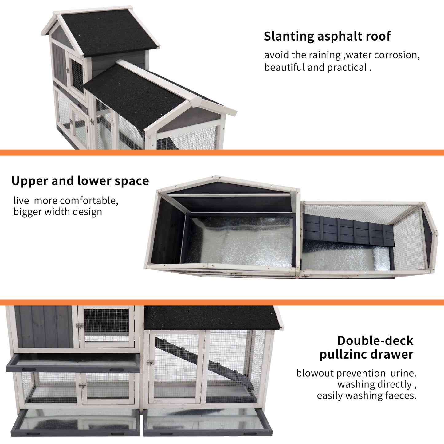 Rabbit Hutch, Indoor Bunny Cage, Outdoor Rabbit Cages with Run, Pet House with Deeper No Leak Tray, UV Panel, Removable Bottom Wire Mesh for Small Animals