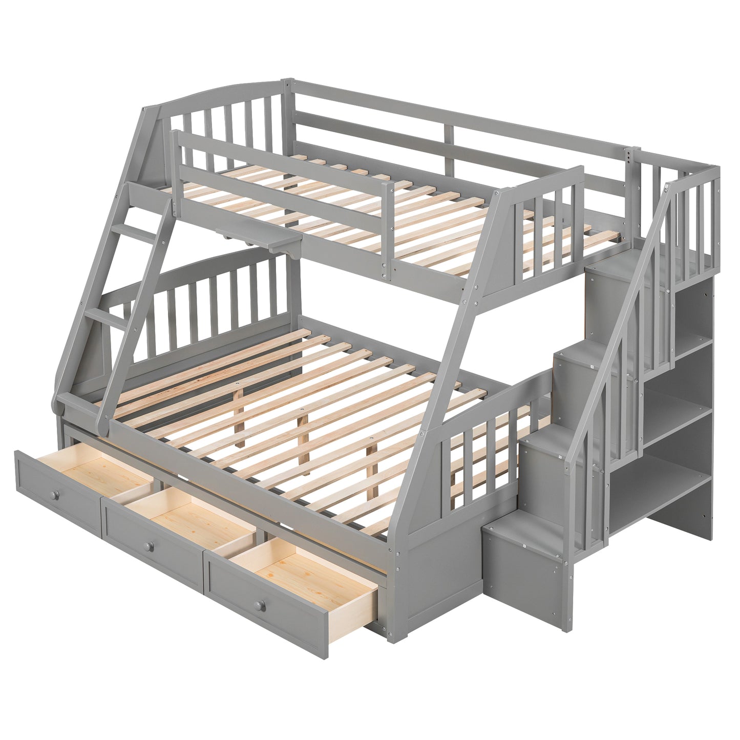 Gray Twin-Over-Full Bunk Bed with Storage Staircase, Ladder, and Drawers