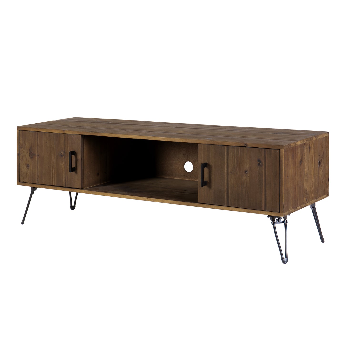 Clive 60 Inch Reclaimed Wood Farmhouse Media Console with Iron Legs, Natural Brown and Rustic Style