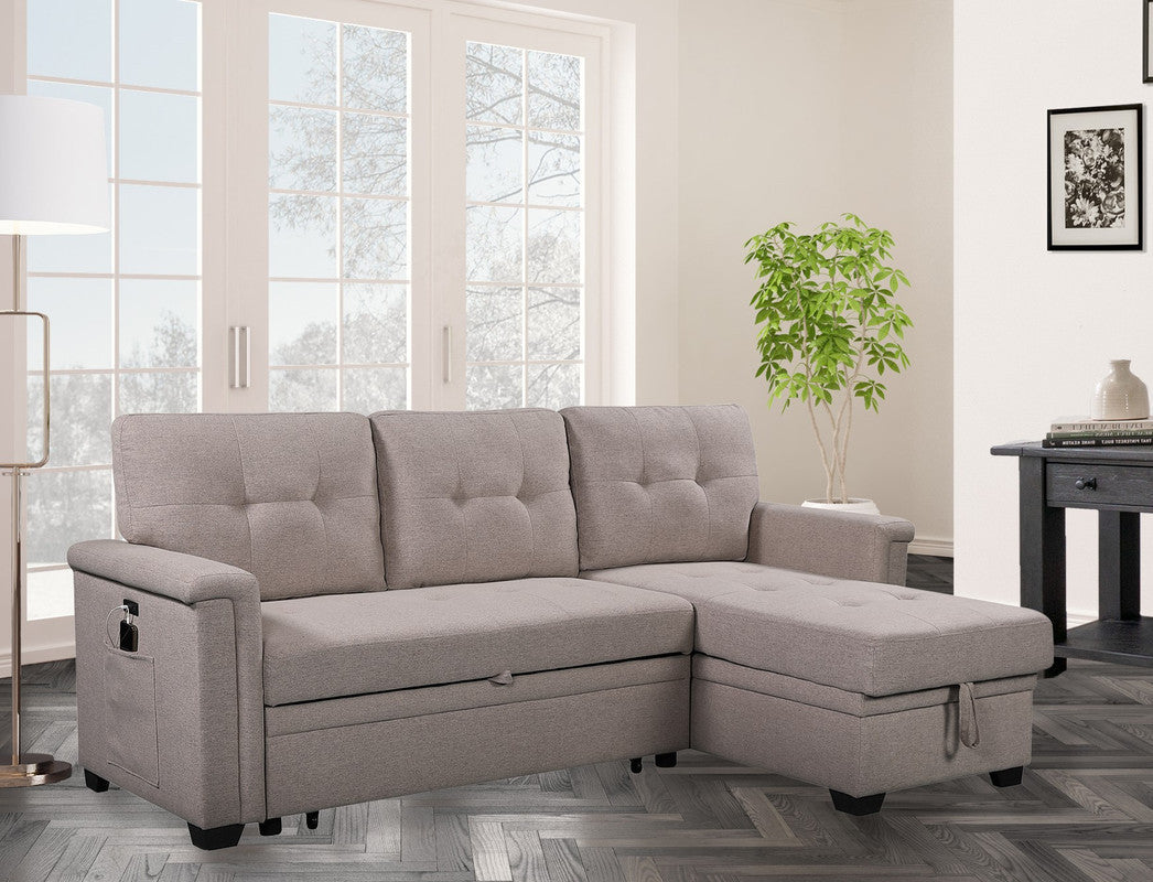 Nathan Light Gray L-Shaped Sleeper Sectional Sofa with Storage Chaise, USB Charging Ports and Pocket