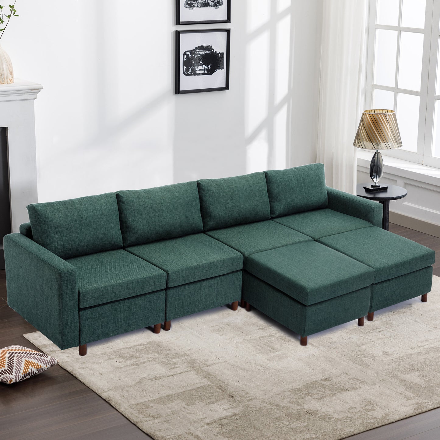 4-Seat Green Linen Sectional Sofa with Ottoman and Soft Plushness