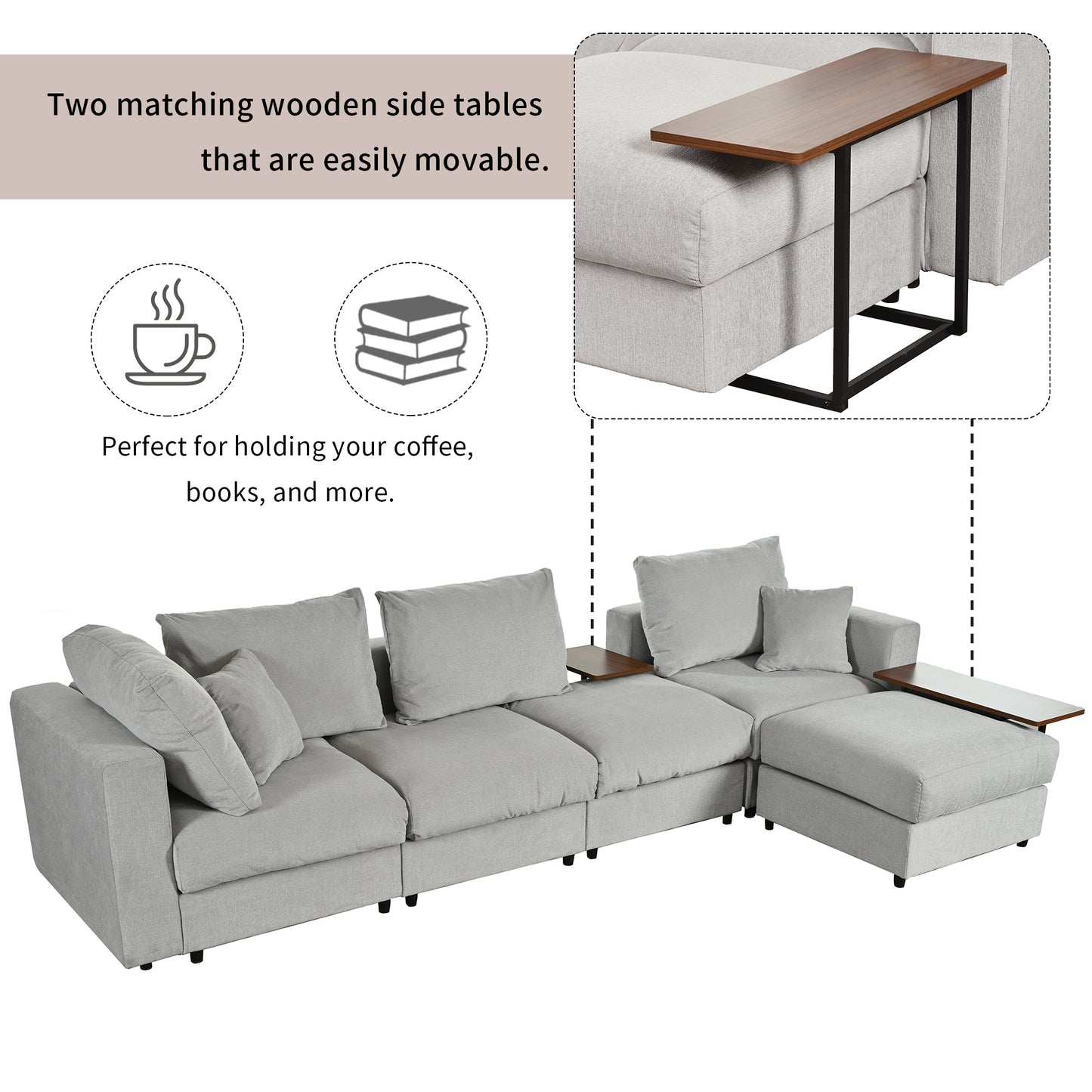 U_STYLE Modern Large L-Shape Sectional Sofa for Living Room, 2 Pillows and 2 End Tables