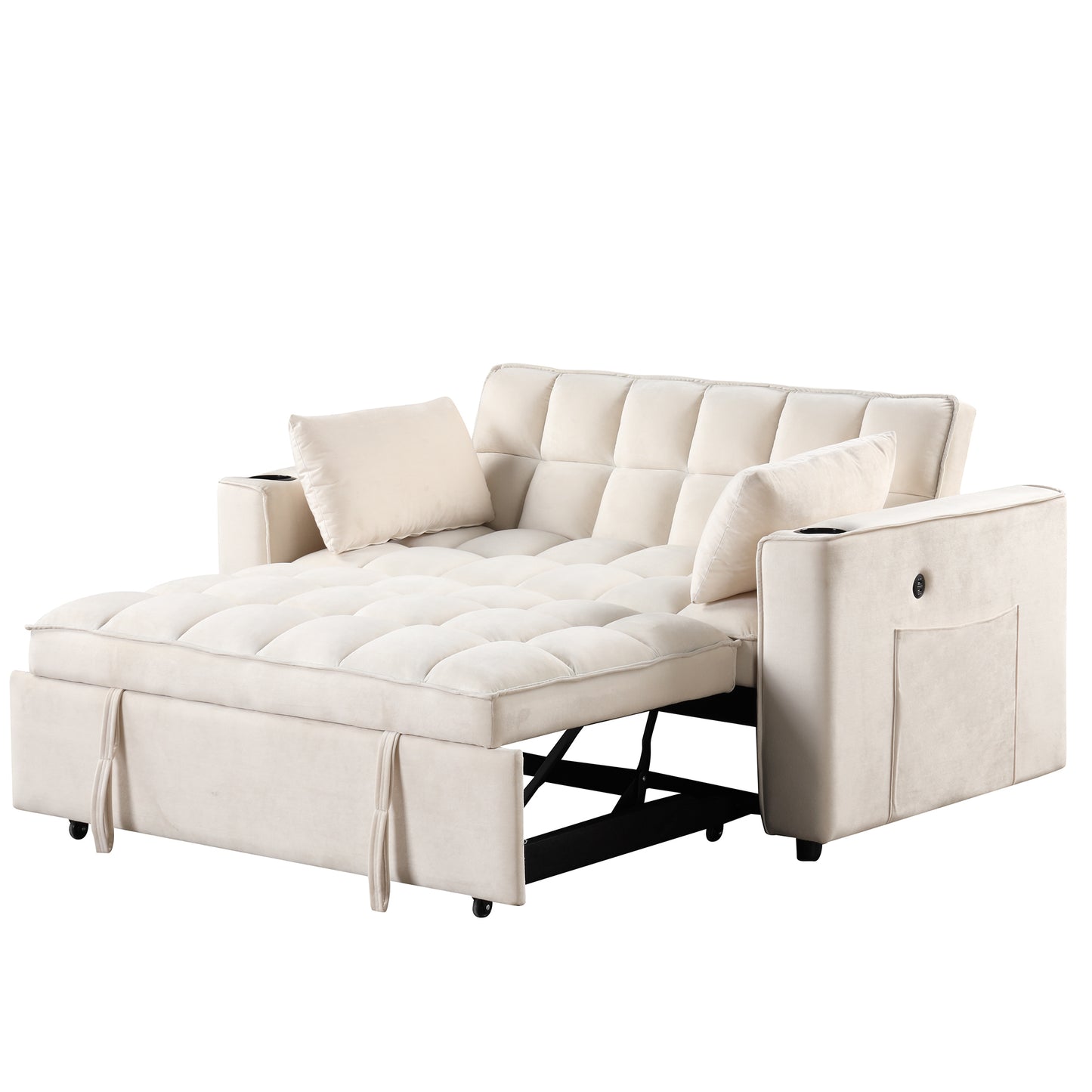 55.3 Multi-functional Sofa Bed with Cup Holder and USB Port for Living Room in Milky White