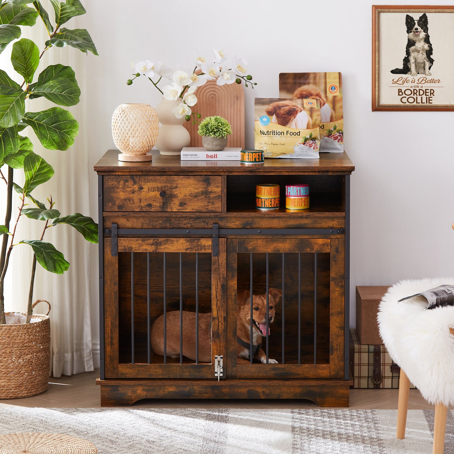 Sliding door dog crate with drawers. Rustic Brown, 35.43'' W x 23.62'' D x 33.46'' H