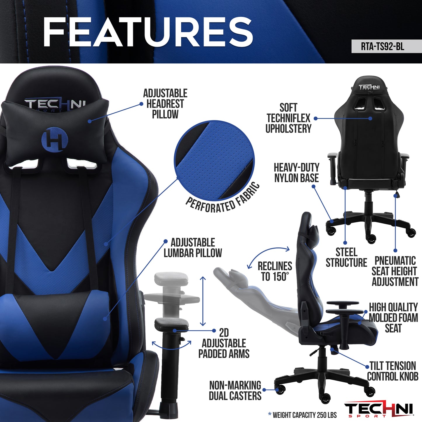 Techni Sport TS-92 Office-PC Gaming Chair, Blue