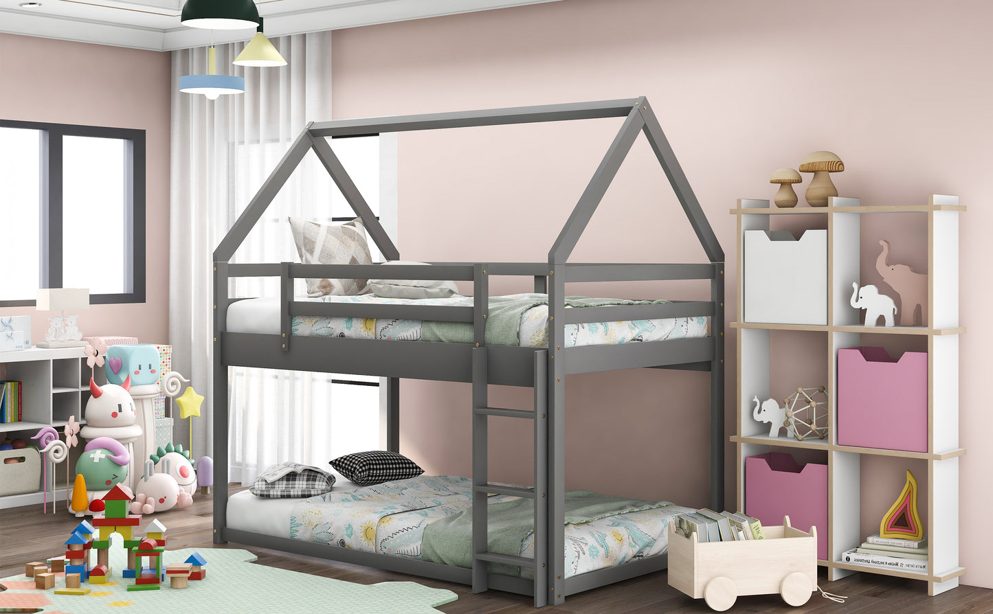 Gray House-Shaped Twin Over Twin Low Bunk Bed