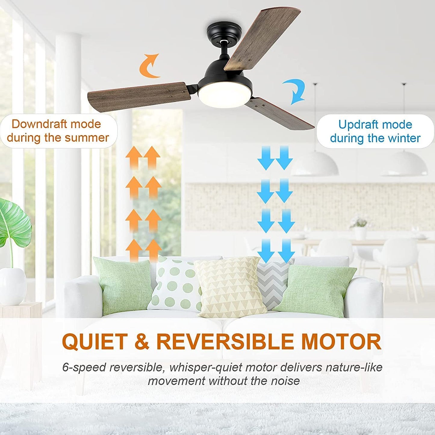 Quiet Breeze 44-inch Ceiling Fan with LED Light, Remote Control, and 6-Speed Modes