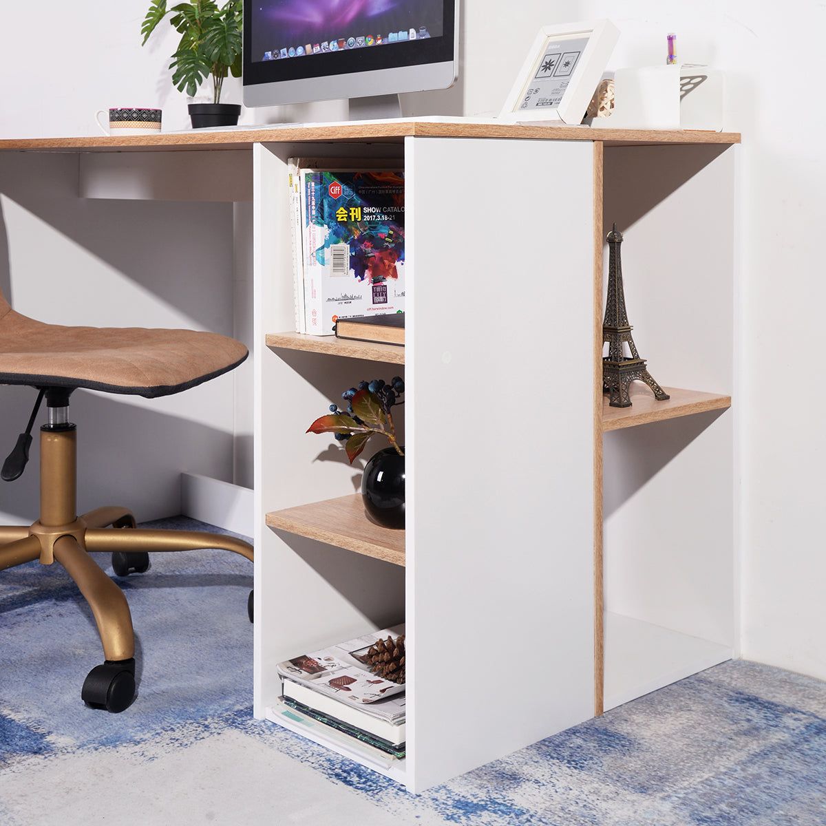 Modern Oak White Computer Desk with 5 Storage Shelves for Small Spaces