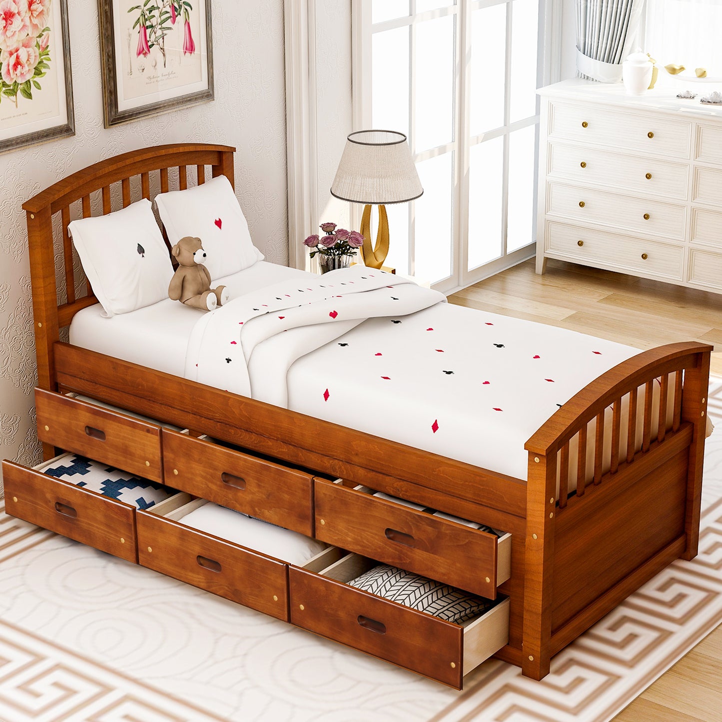 Twin Size Platform Storage Bed Solid Wood Bed with 6 Drawers