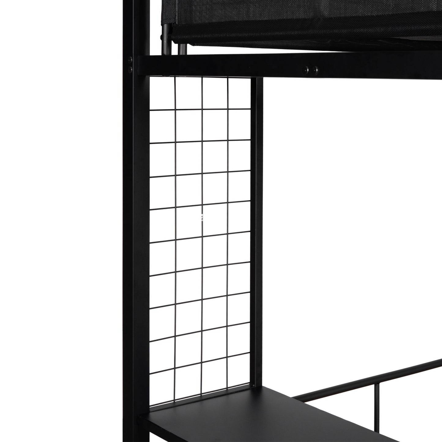 Metal Twin over Full Bunk with Shelves & Grid Panel/ Sturdy Metal Bed Frame/ Noise-free Wood Slats/ Comfortable Textilene Guardrail/ Built-in 2-tier Shelves & Grid Panel/ Separated Full size Bed