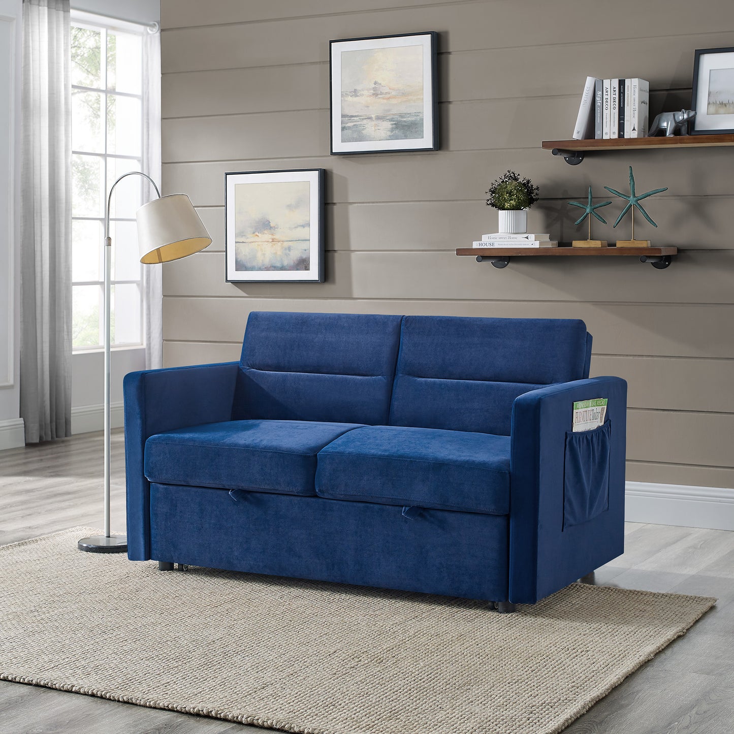 Loveseats Sofa Bed with Pull-out Bed,Adjsutable Back and Two Arm Pocket,Blue (54.5"x33"x31.5")