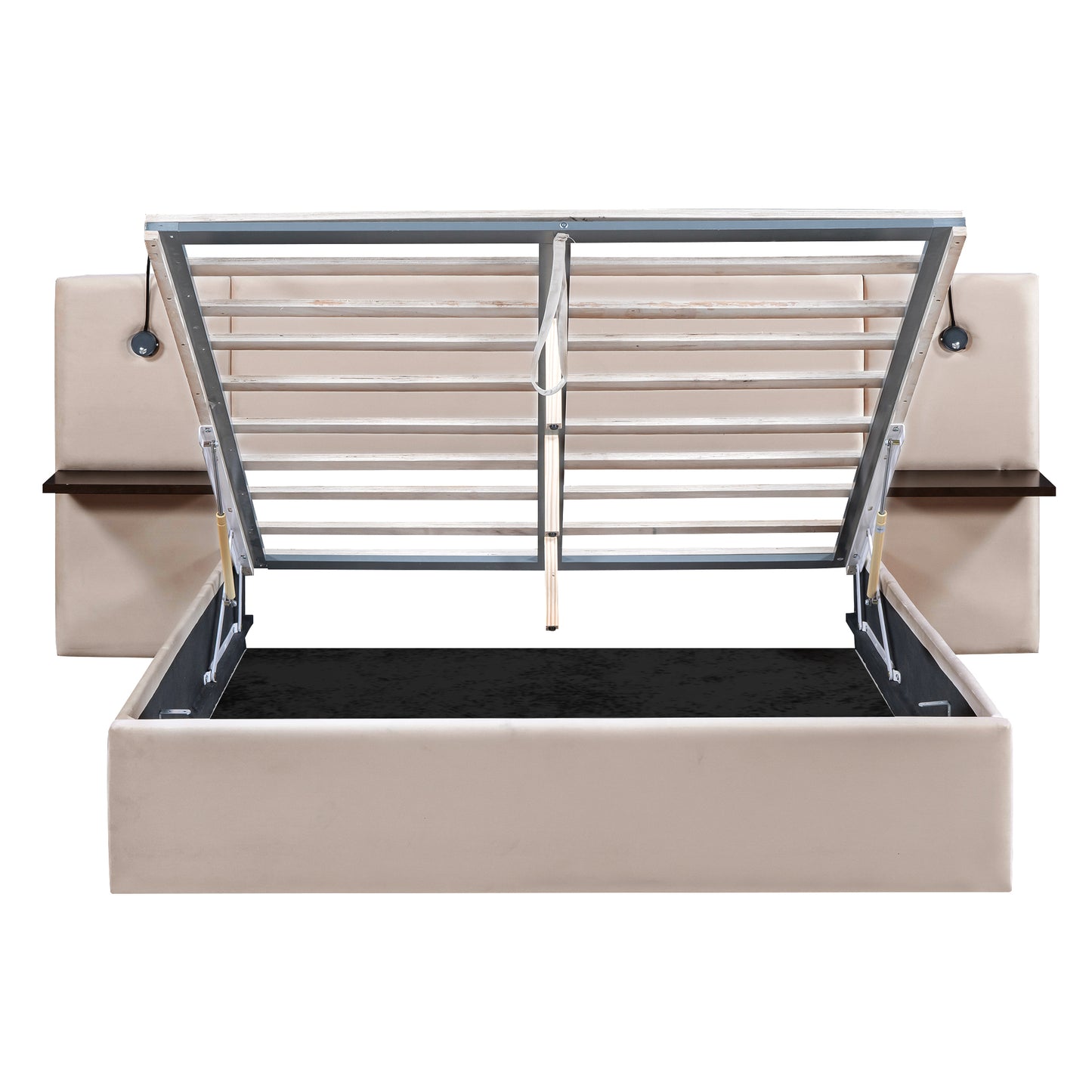 Queen Size Storage Upholstered Hydraulic Platform Bed with 2 Shelves, 2 Lights and USB, Beige