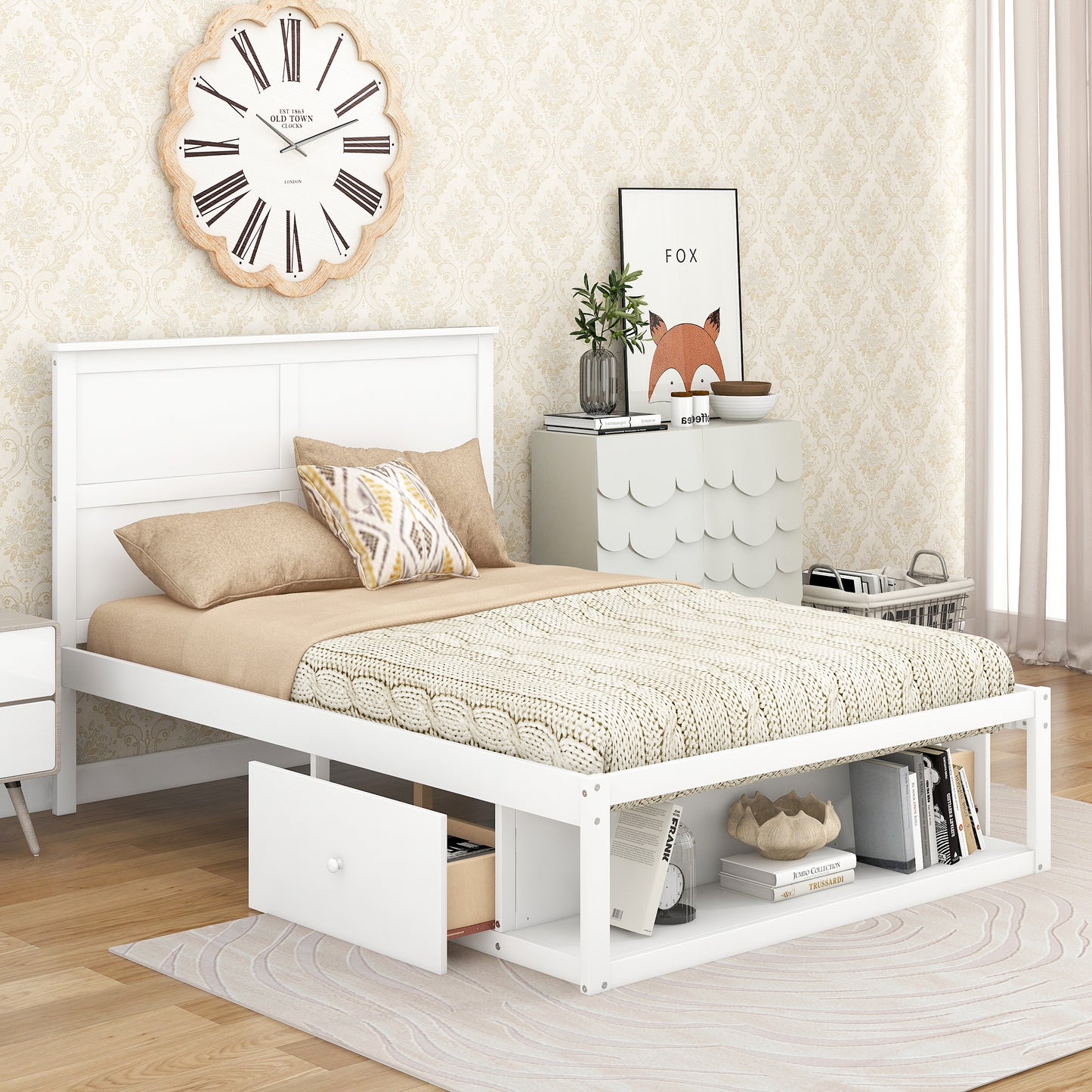 Full Size Platform Bed with Drawer on the Each Side and Shelf on the End of the Bed, White