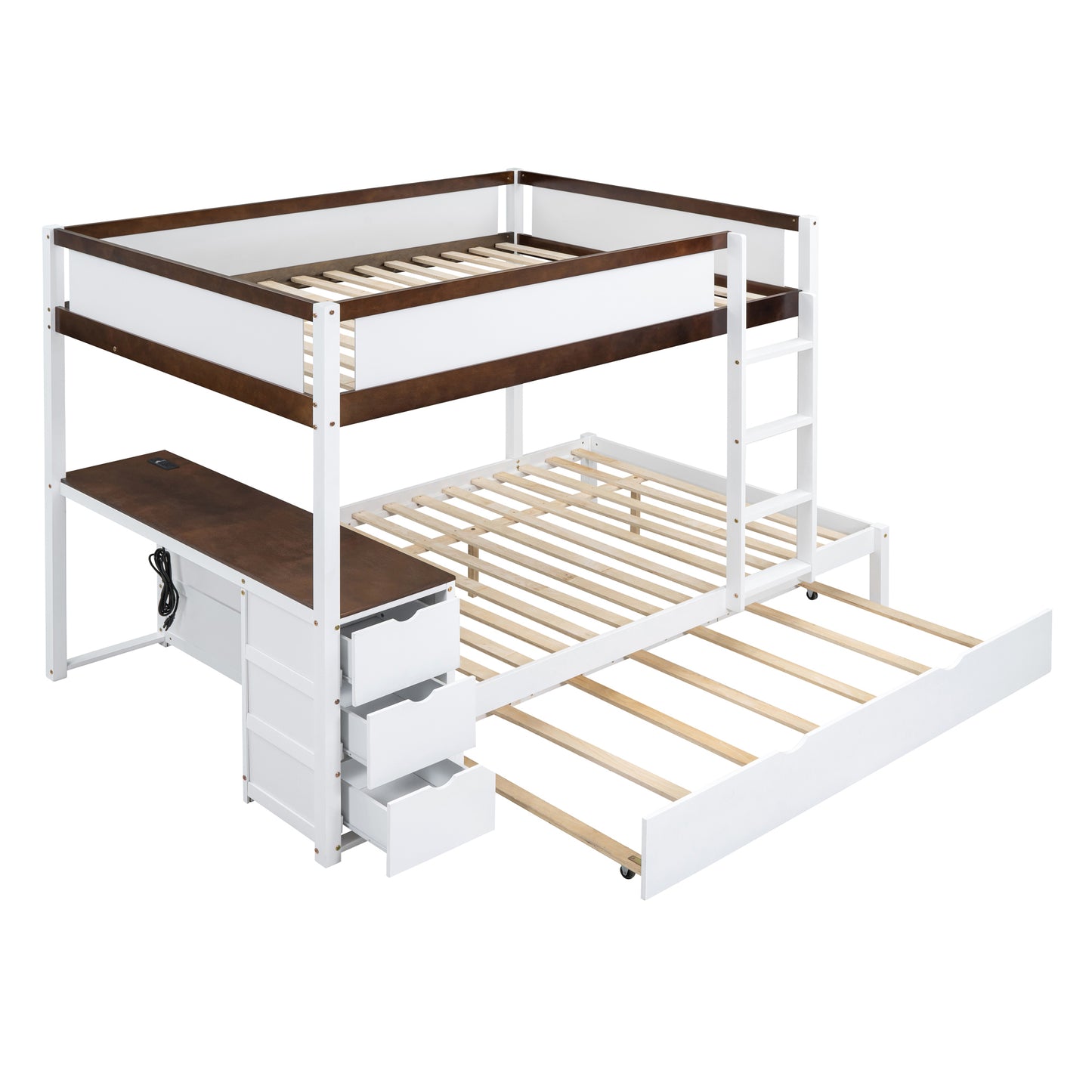 Full-Over-Full Bunk Bed with Twin Trundle, Desk, and Storage in White and Walnut - Space-Saving Bunk Bed with Trundle, Desk, and Storage in White/Walnut