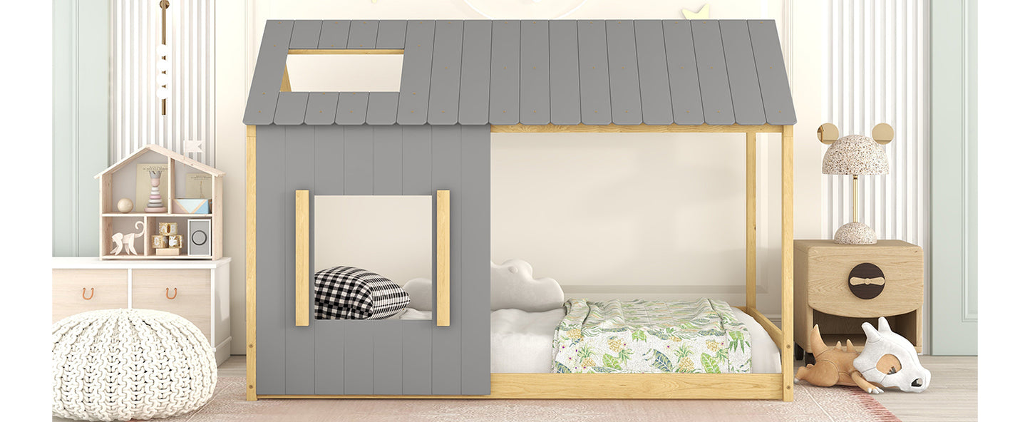 Twin Size House Bed with Roof and Window - Gray+Natural