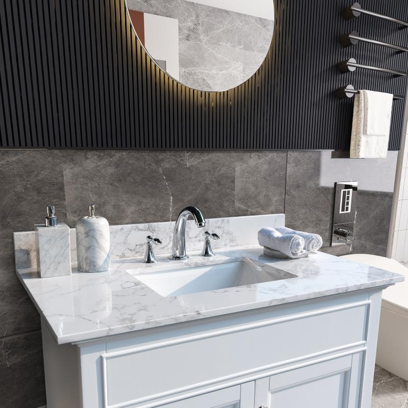 Montary 37inch bathroom vanity top stone carrara white new style tops with rectangle undermount ceramic sink  and back splash with 3 faucet hole  for bathrom cabinet