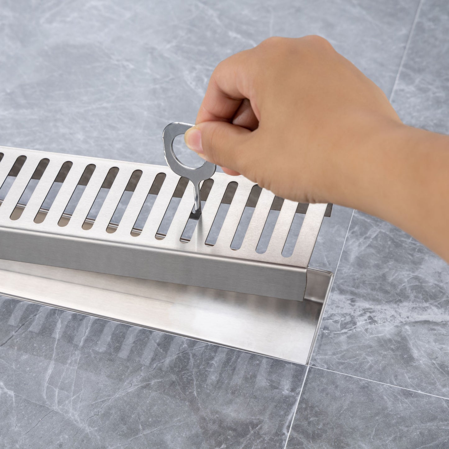 Brushed Nickel Linear Grid Shower Drain with Modern Design