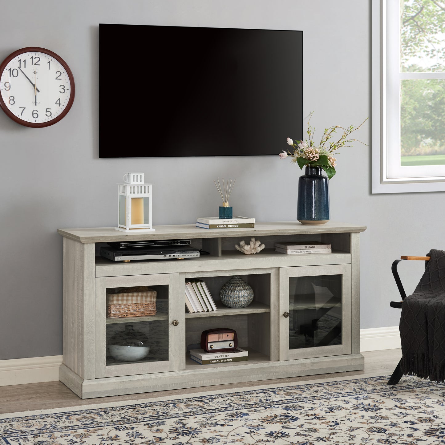 Modern Stone Gray TV Stand with Open and Closed Storage for TVs Up to 65