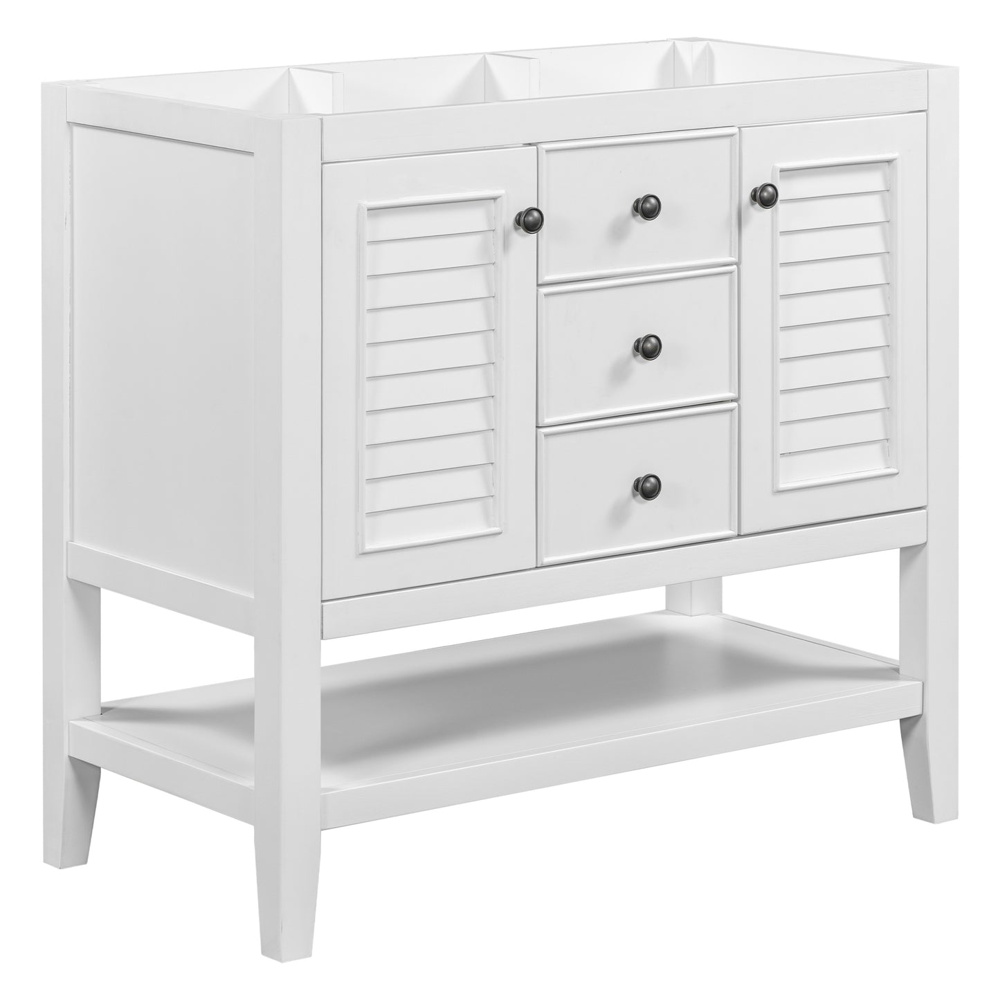 36" Bathroom Vanity without Sink, Cabinet Base Only, Two Cabinets and Drawers, Open Shelf, Solid Wood Frame, White