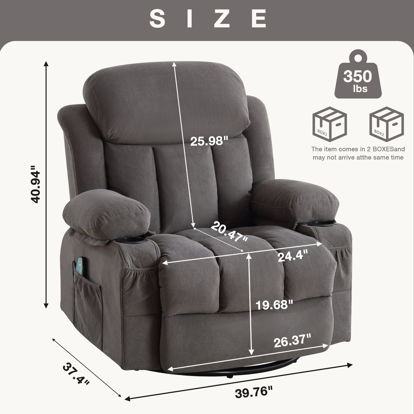 Swinging Recliner Massage Heated Sofa with USB and Cup Holders in Luxurious Grey Velvet