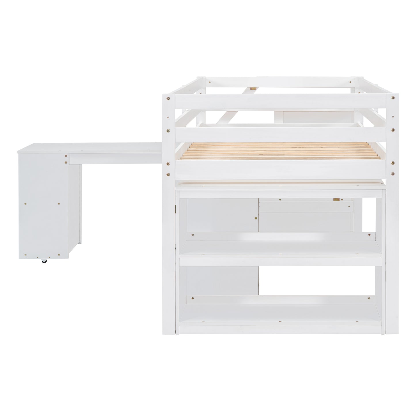 Twin Size Loft Bed with Retractable Writing Desk and 3 Drawers, Wooden Loft Bed with Storage Stairs and Shelves, White