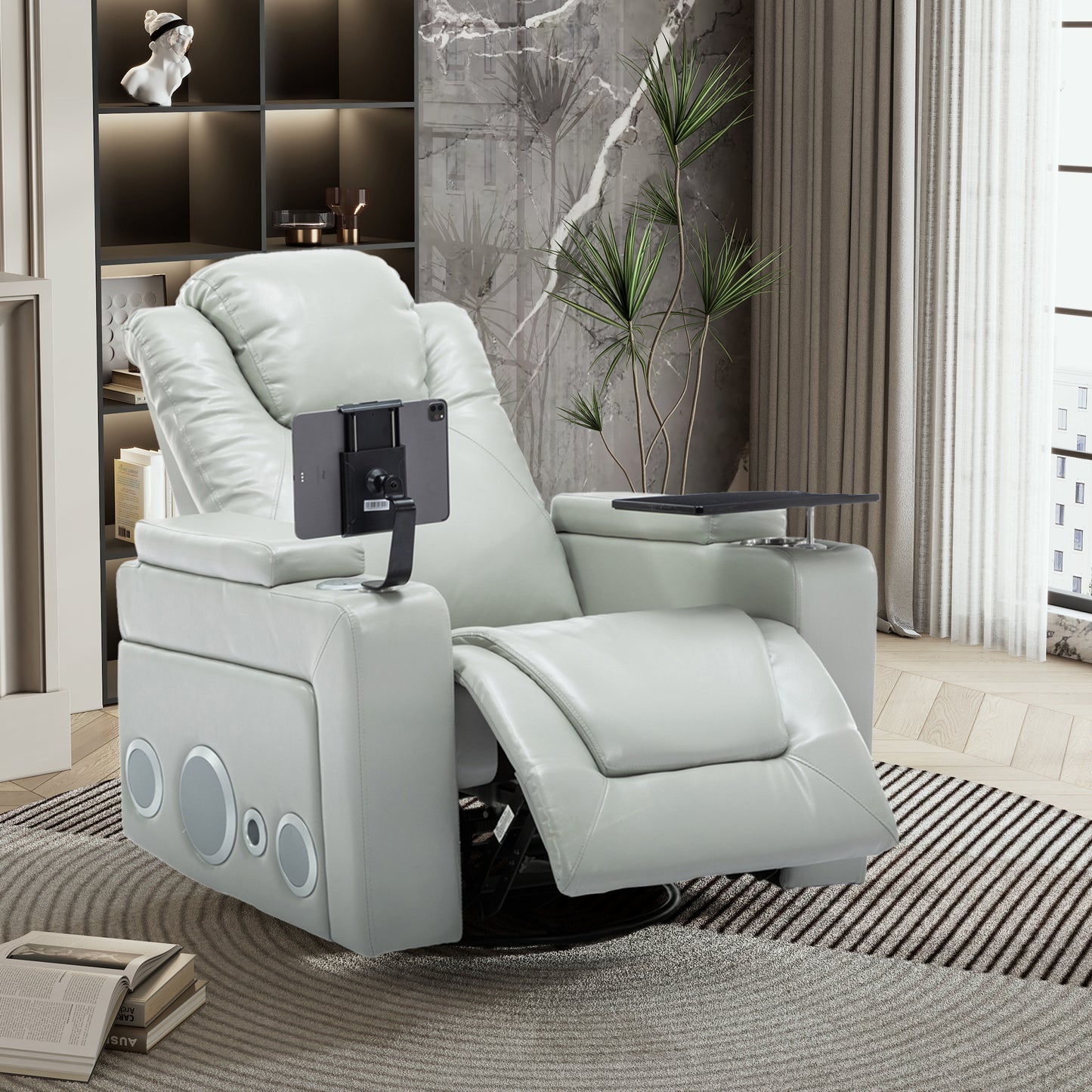 Luxurious Grey PU Leather Power Recliner with Surround Sound and Storage.