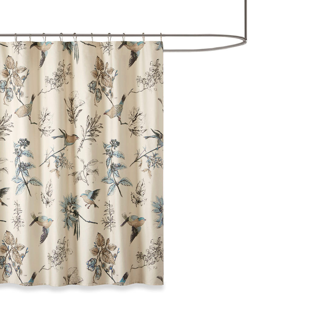 Khaki Bird and Leaf Print Cotton Shower Curtain