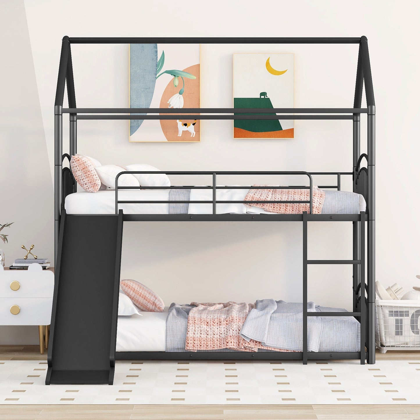 Kids Playhouse Slide Bunk Bed with Removable Roof