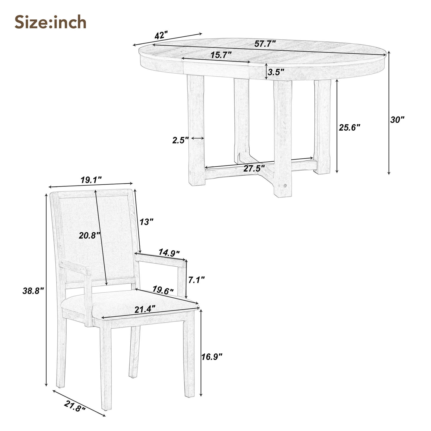 TREXM 5-Piece Dining Table Set, Two-Size Round To Oval Extendable Butterfly Leaf Wood Dining Table and 4 Upholstered Dining Chairs with Armrests (Brown+White)