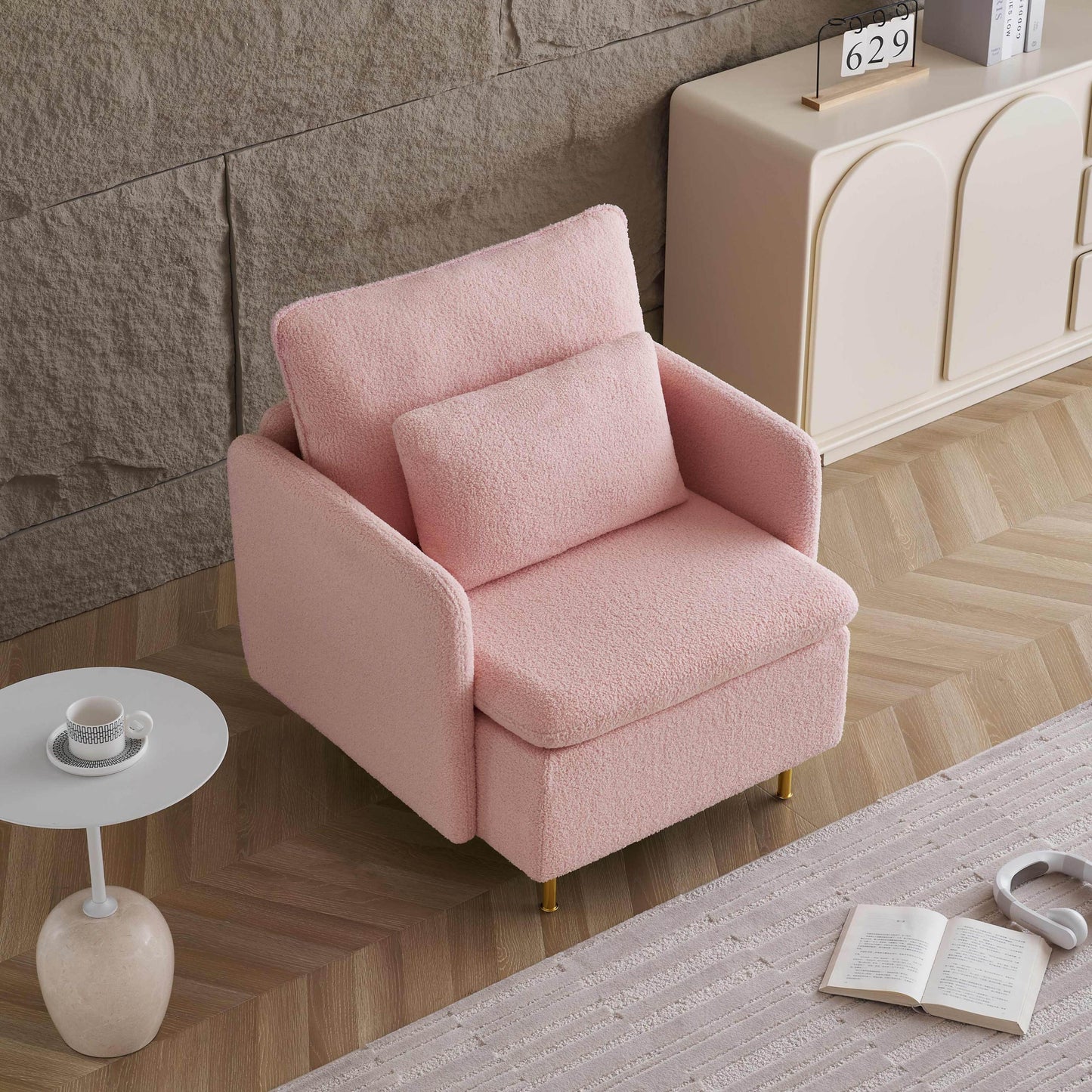 Modern Accent Chair, Sherpa Upholstered Cozy Comfy Armchair, Furry Reading Chair with Slim Armrest, Fuzzy Single Club Sofa Chairs for Living room Bedroom Waiting room Office Ivory