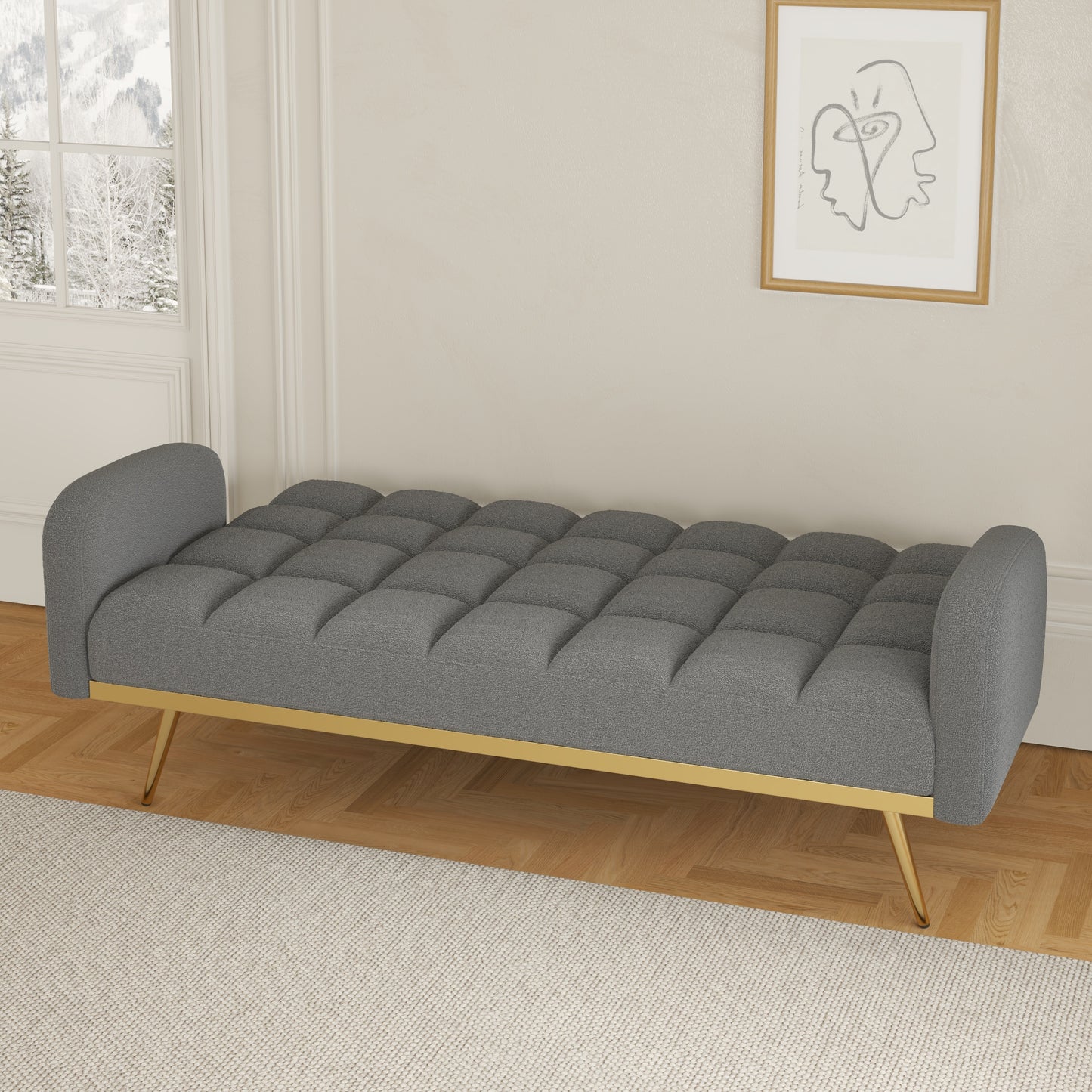 69-inch Grey Sofa Bed with Adjustable Sofa Teddy Fleece and 2 Throw Pillows