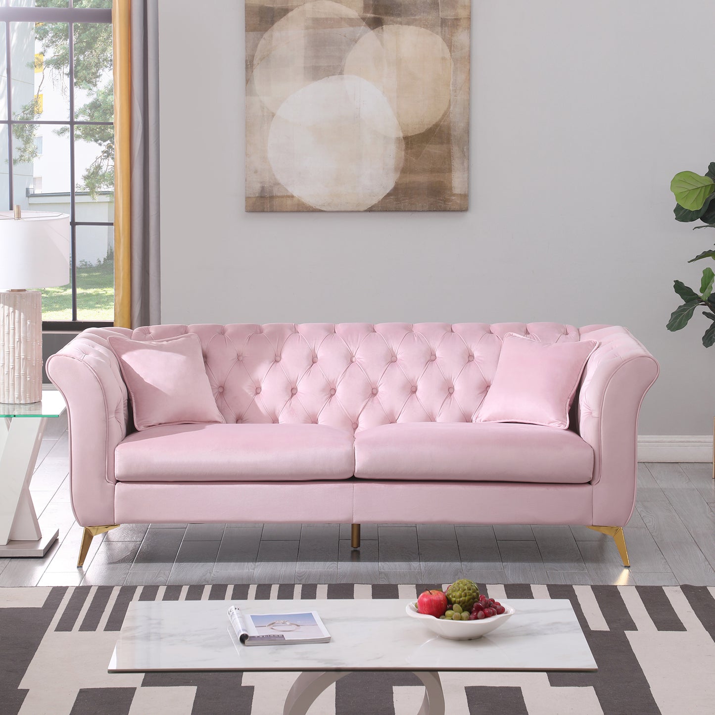 Chesterfield sofa ,Stanford sofa ,  high quality Chesterfield sofa ,pink color , tufted and wrinkled fabric  sofa;contemporary Stanford sofa ; tufted sofa with scroll  arm and scroll back.loveseater