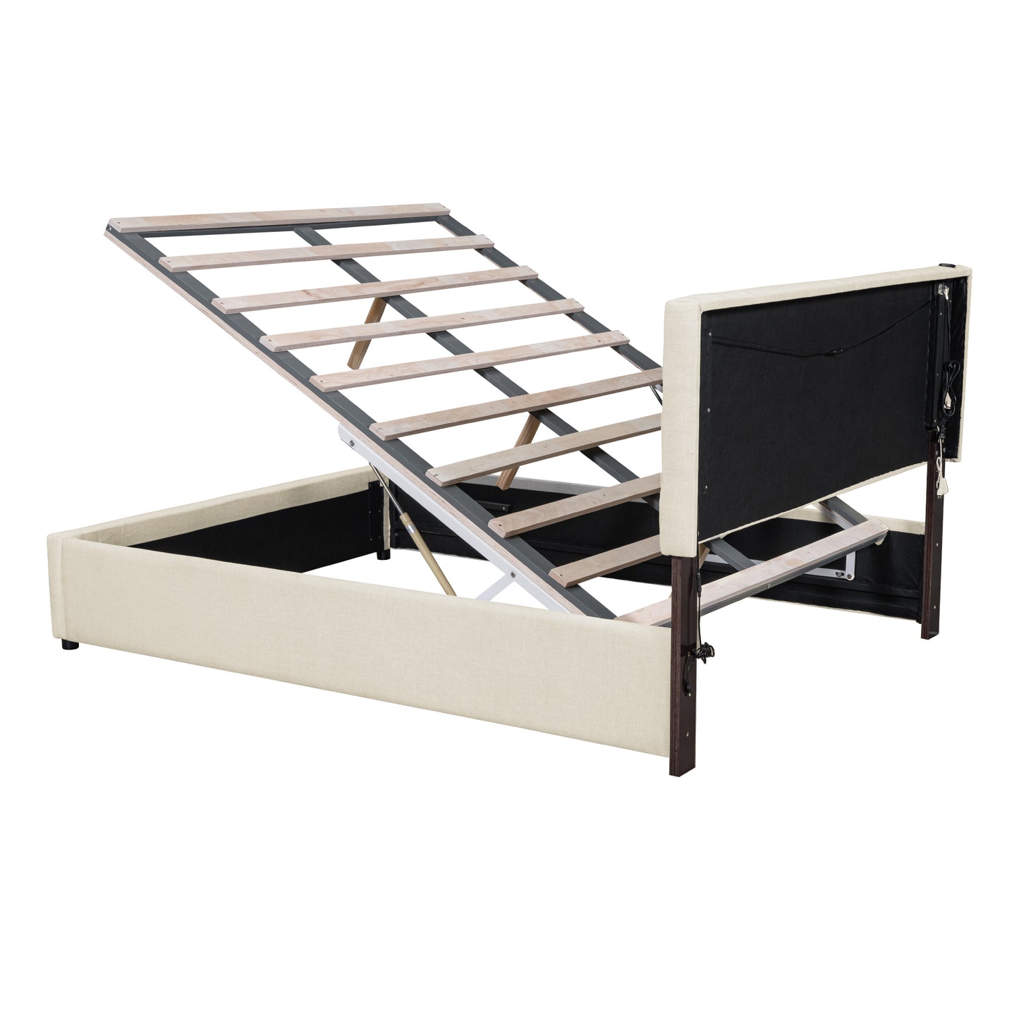 Queen Size Upholstered Bed with Hydraulic Storage System and LED Light, Beige