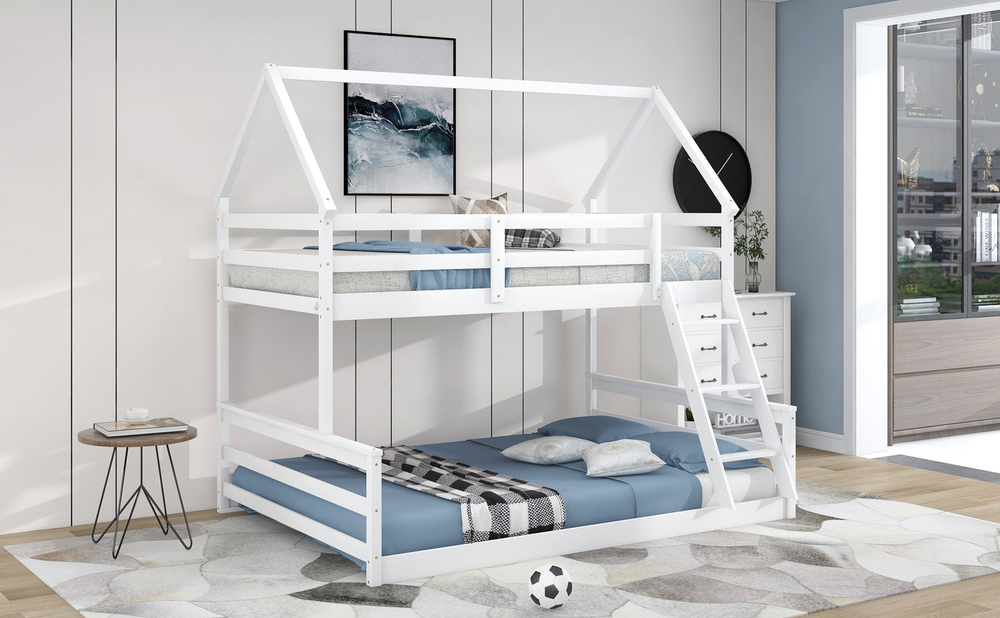 Playful White Twin over Full Bunk Bed with House-Inspired Design