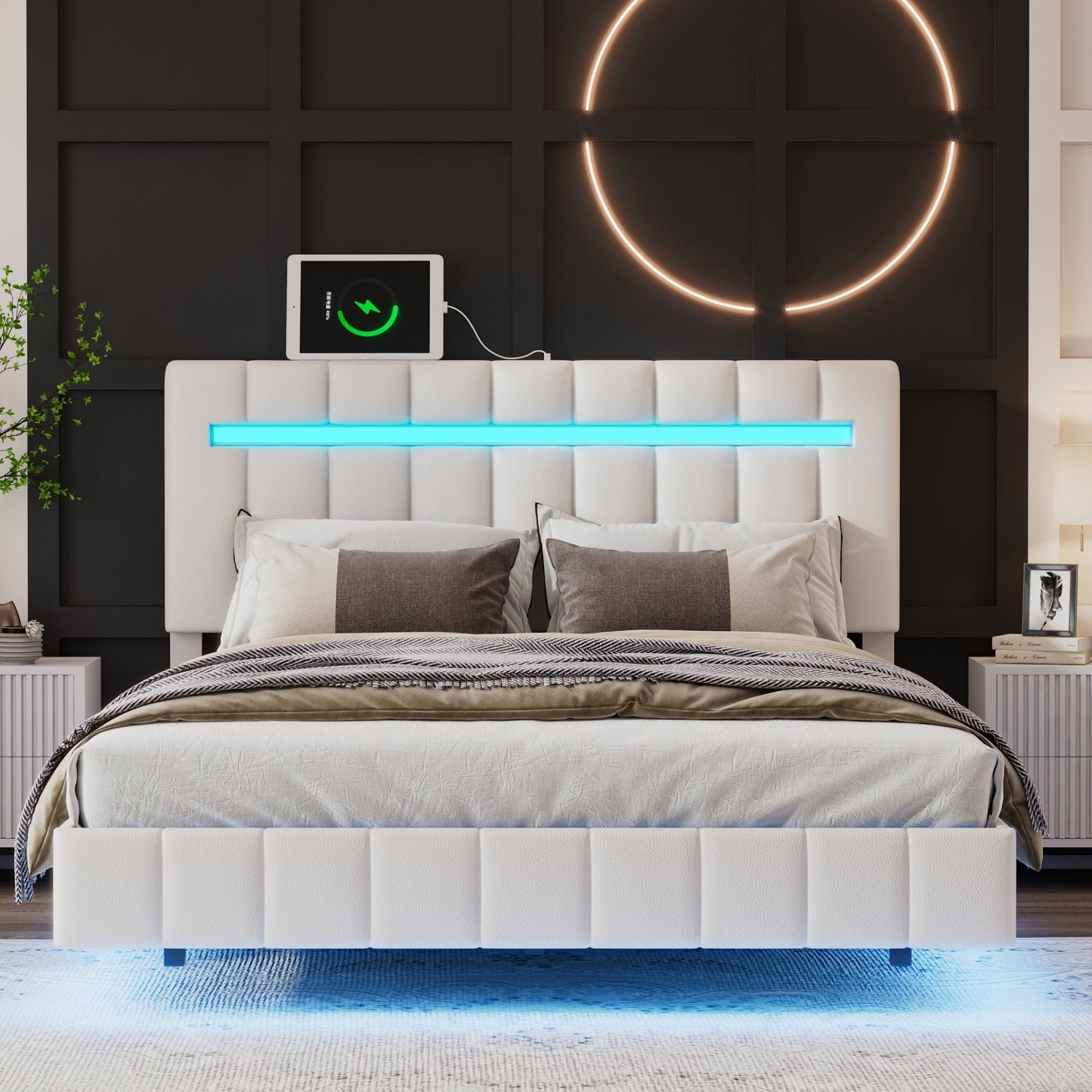 Full Size Floating Bed Frame with LED Lights and USB Charging,Modern Upholstered Platform LED Bed Frame,White(Full)