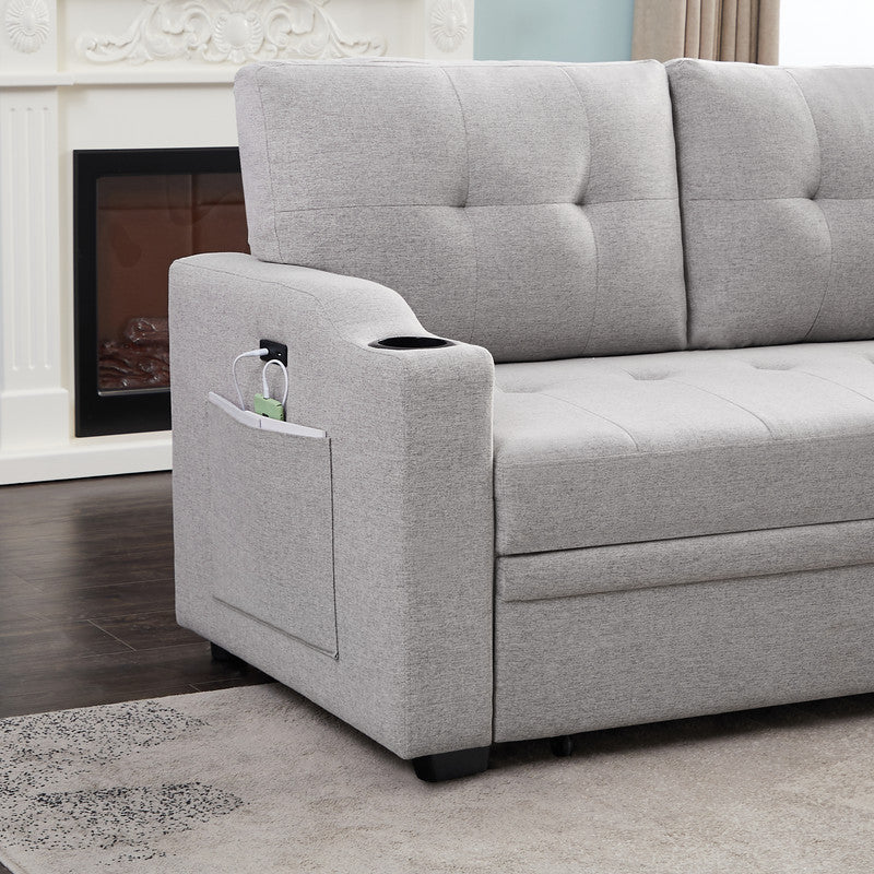 Mabel Light Grey Linen Fabric Sleeper Sectional with Cupholder, USB Charging Port, and Pocket for Modern Comfort.