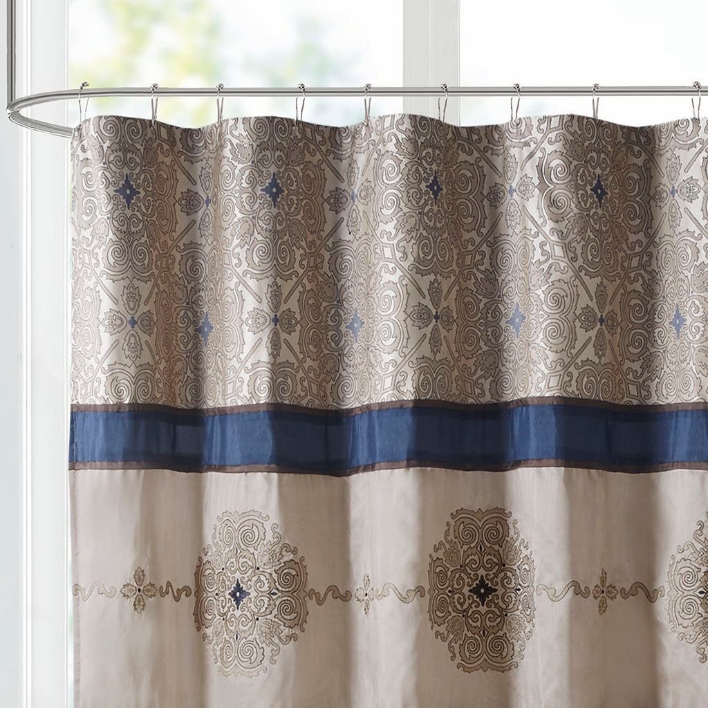 Donovan Navy Medallion Embroidered Shower Curtain