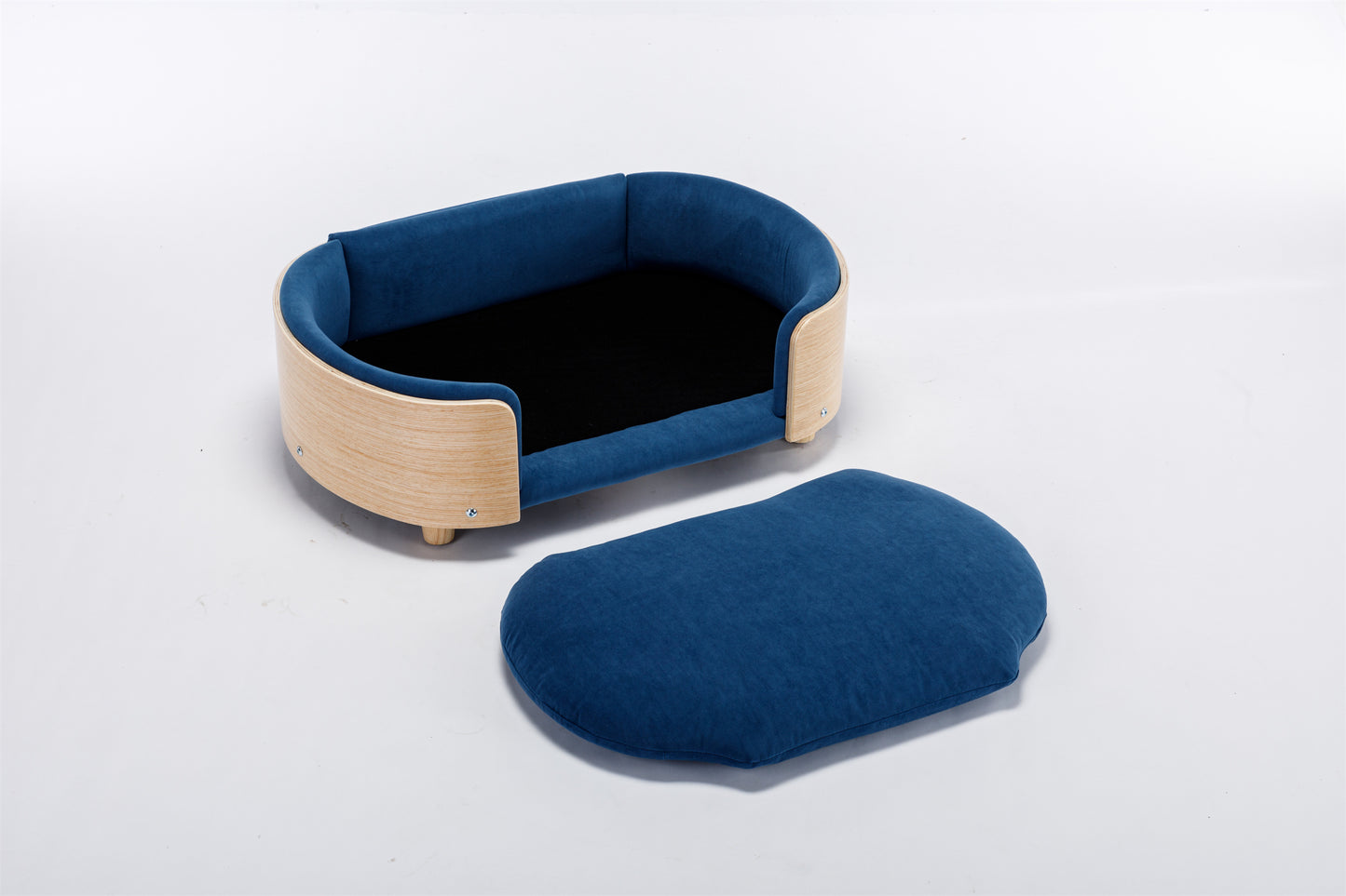 Scandinavian style Elevated Dog Bed Pet Sofa With Solid Wood legs and Bent Wood Back, Velvet Cushion,Mid Size,Dark Blue