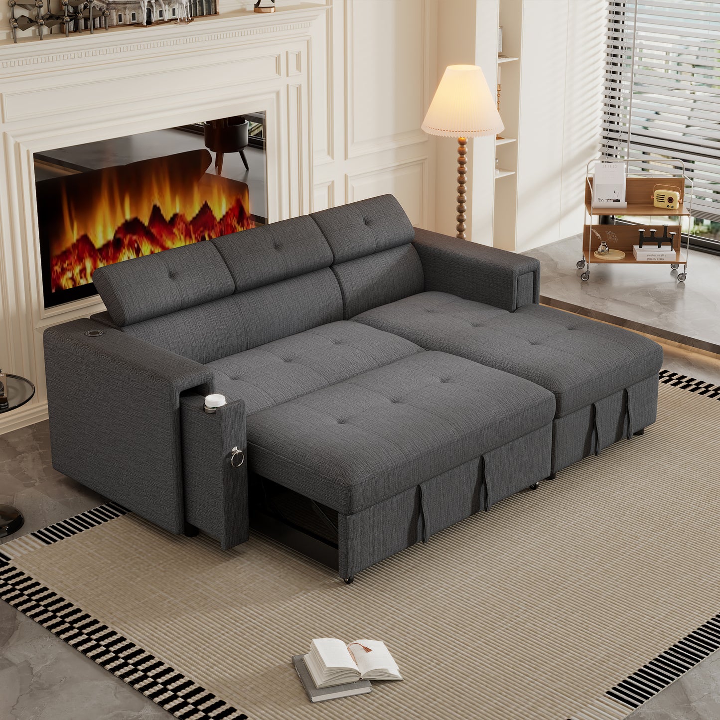 Versatile 96 L-Shape Sectional Sofa with Wireless Charging and Hidden Storage in Grey Linen