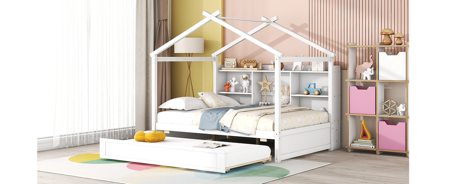 Full Size House Bed with Storage Shelves and Twin Size Trundle, Brushed White